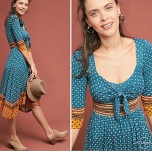 NWOT Anthoropologie Maeve Midi  Sweetheart Blue Motif Gold Border Dresss…